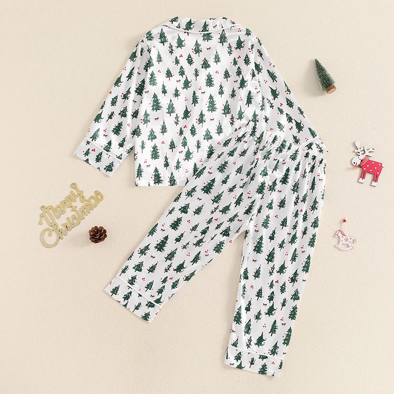 Description Picture 3 of itemKid Girl Boy Christmas Pajama Set Reindeer Print Long Sleeve Button Down Tops Elastic Waist Pants 2 Piece Set