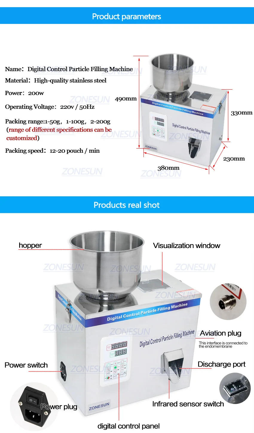 Description Picture 3 of itemZONESUN 1-200G Particle Tea Candy Nut Food Packing Filling Machine Automatic Powder Tea Surge Coffee Filling Machine