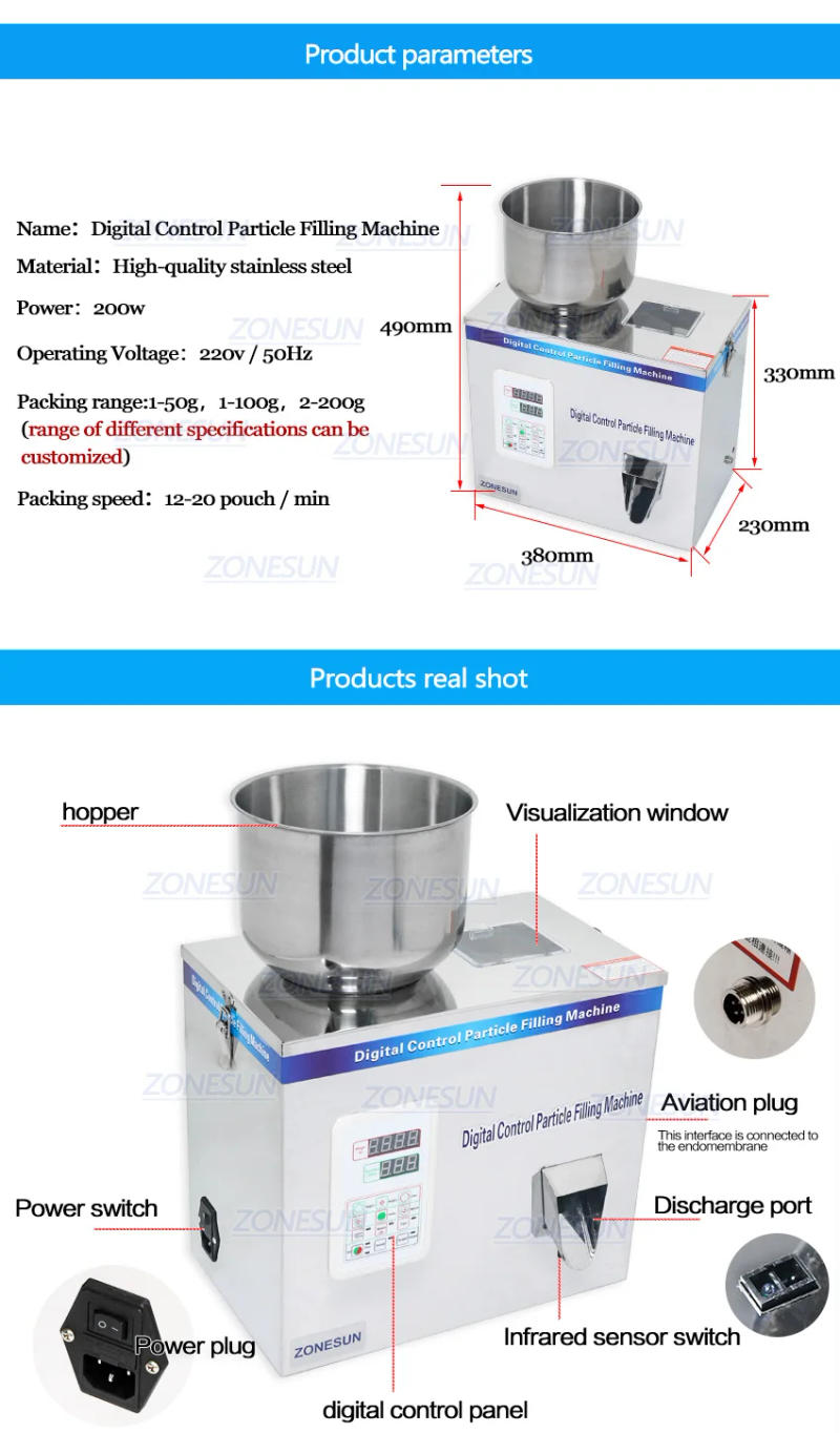 Description Picture 3 of itemZONESUN 1-200G Particle Tea Candy Nut Food Packing Filling Machine Automatic Powder Tea Surge Coffee Filling Machine