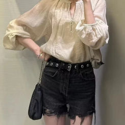 ZBZA Women's Casual Zip-up Blouse Shirt Round Neck Puff Sleeve Solid Loose Elastic Hem High Street Pullover Spring Fall Chic Top