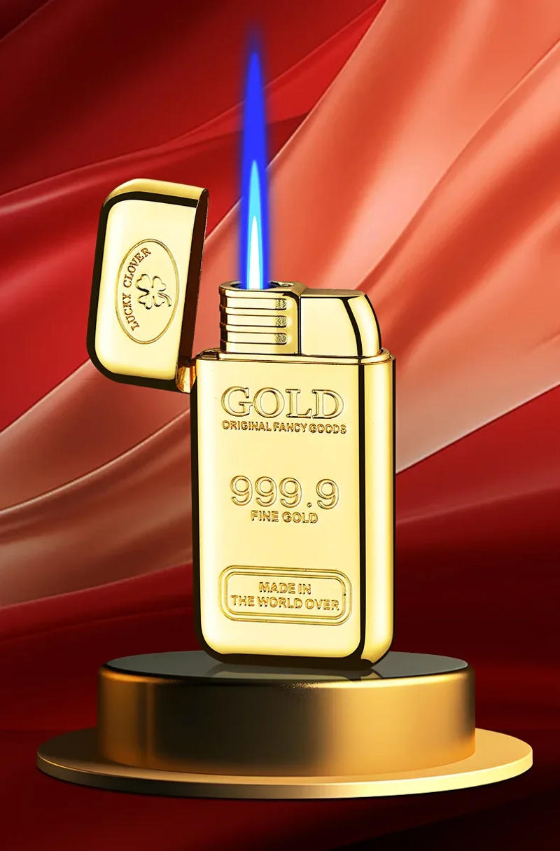 Description Picture 3 of itemMetal Creative Gold Brick Windproof Jet Blue Flame Torch Gas Lighter Small and Rich Portable Cigar Lighters Smoking Wholesale