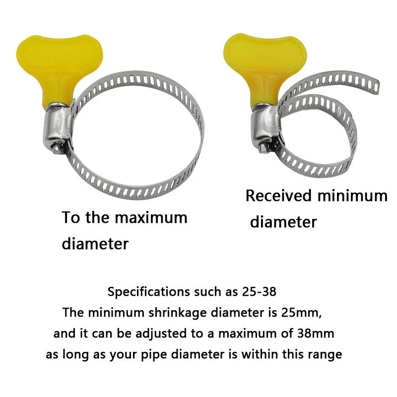 Description Picture 3 of item10mm-38mm 10pcs Adjustable Yellow Plastic Handle Hand Twist Hose Clamps Worm Driving 201 Stainless steel Pipe Clips For Tube
