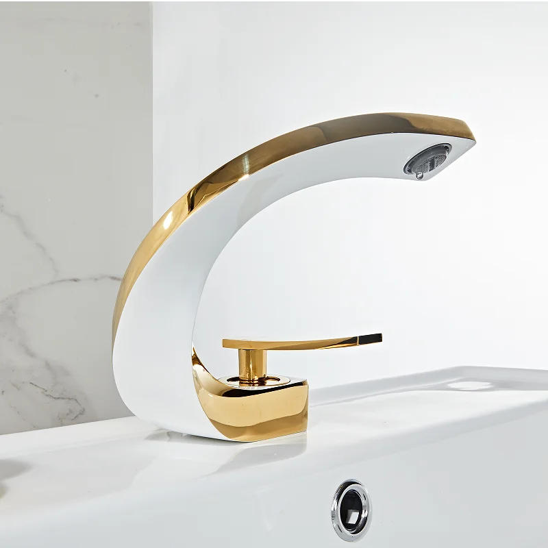 Description Picture 4 of itemTuqiu Bathroom Faucet Brass Gold White Bathroom Basin Faucet Cold Hot Water Mixer Sink Tap Deck Mounted White Rose Gold Tap