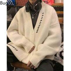 Casual Knitted Cardigan Men Lazy Style Contrast Braided Stripe Handsome V-Neck Sweater Hot Selling Retro Couple Knitted Clothes