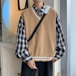 Trendy V-neckvestsweater Men's Autumn New Style Preppy Loose Fit Couple Model Shoulder Vest Knitted Top Casual Scene