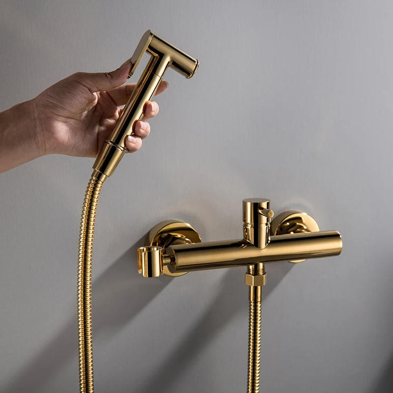 Description Picture 3 of itemGold Toilet Bidet Set Square Hot And Cold Bathroom Toilet Shower Blow-fed Spray Gun Nozzle Bidet Faucet Copper Bathroom Hardware