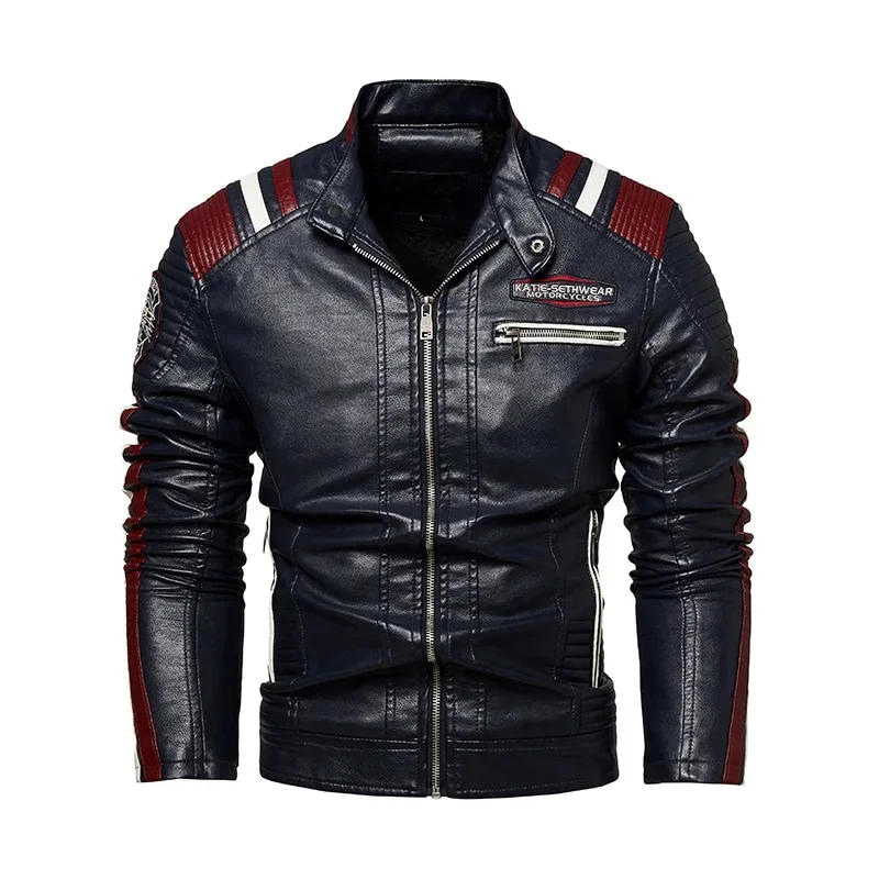Description Picture 4 of itemMens Vintage Motorcycle Jacket 2024 Men Fashion New Biker Leather Male Embroidery Bomber Coat Winter Fleece Pu Overcoat
