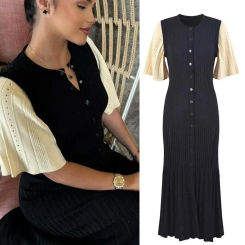 Chic Patchwork Knitted Maxi Dress For Women elegant Short Sleeve Hollow Out Ribbed Long Dresses O-Neck High Waist Lady Knitwear