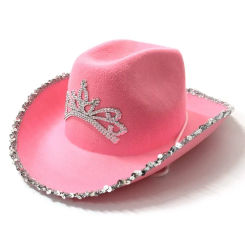 New Pink Cowboy Hat Cowgirl Hats with Blinking Sequin and Tiara Crown for Halloween Cosplay Dress Up Cowboy Party Accessories