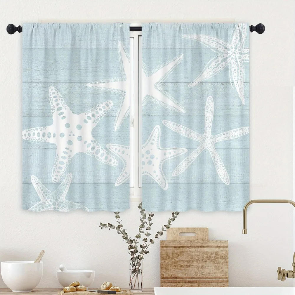 Description Picture 2 of item2Pcs Beach Coastal Starfish Kitchen Curtain Nautical Summer Window Treatment for Living Room Home Decor Cafe Cabinet Decoration