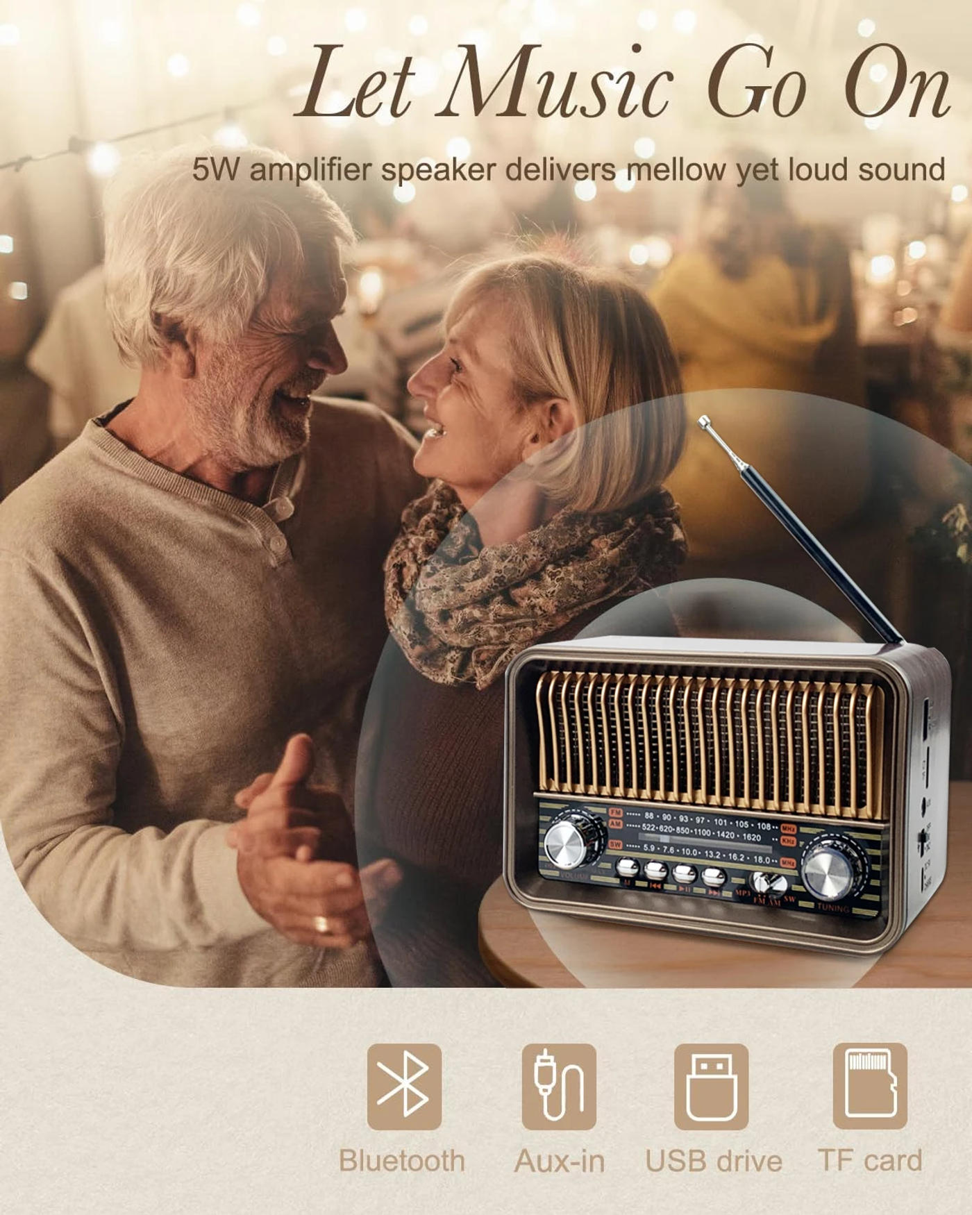 Description Picture 3 of item Classic Retro Full Band Radio Portable FM AM SW Radios Receiver LED Flashlight Bluetooth Speaker Soundbar TF USB Music Player