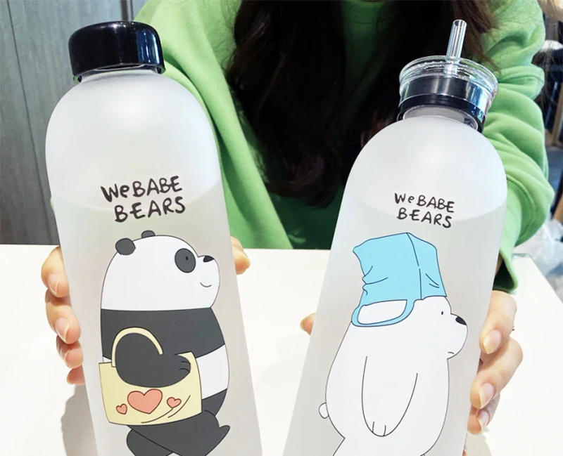 Description Picture 2 of item1000ml Water Bottles Cute Panda Bear Cup With Straw Transparent Cartoon Water Bottle Drinkware Frosted Cup Leak-proof