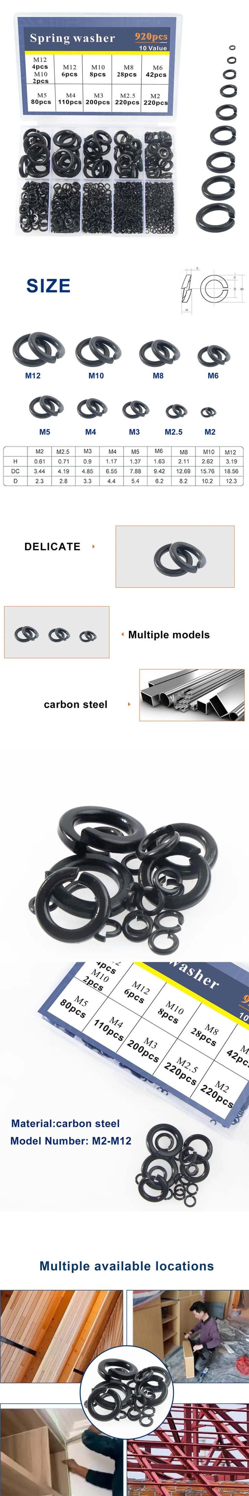 Description Picture 2 of item920Pcs Spring Lock Washers Assortment Kit M2 M2.5 M3 M4 M5 M6 M8 M10 M12Metric Split Lock Washer Set Carbon Steel Lock Washers