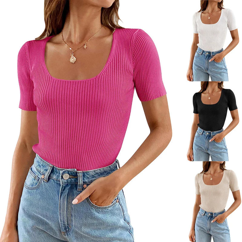 Description Picture 2 of itemWomen's U-neck Base Tight Sweater Short Sleeve T-shirt Top 2025 Spring Summer Streetwear Tees Female Elegant Pit Slim T-shirts