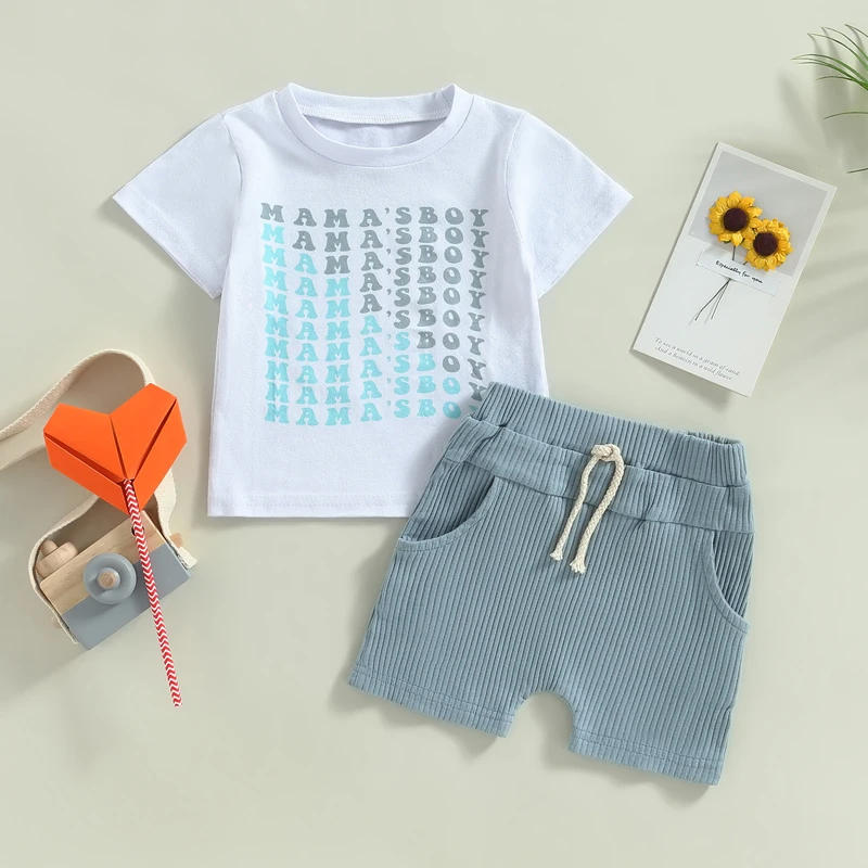 Description Picture 2 of itemBaby Boys Summer 2PCS Outfit Sets White Short Sleeve Letter Print Tops Solid Color Drawstring Shorts