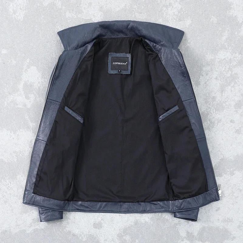 Description Picture 3 of itemshipping.2024 Free new fashion cheap blue cowhide jacket.men short slim genuine leather coat.father casual cloth