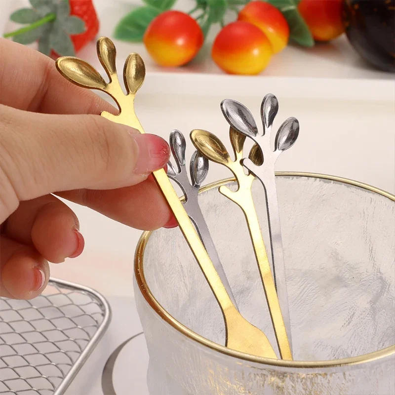 Description Picture 6 of item1-8Pcs Leaves Coffee Spoons Creative Stainless Steel Dessert Ice Cream Scoop Coffee Tea Stirring Spoon Gold Silver Tableware Set