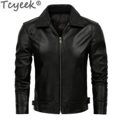 Tcyeek Slim Genuine Leather Jacket for Men Lapel Spring Autumn Man Clothes 6XL Soft Real Cowhide Jackets Casual Chaquetas Hombre