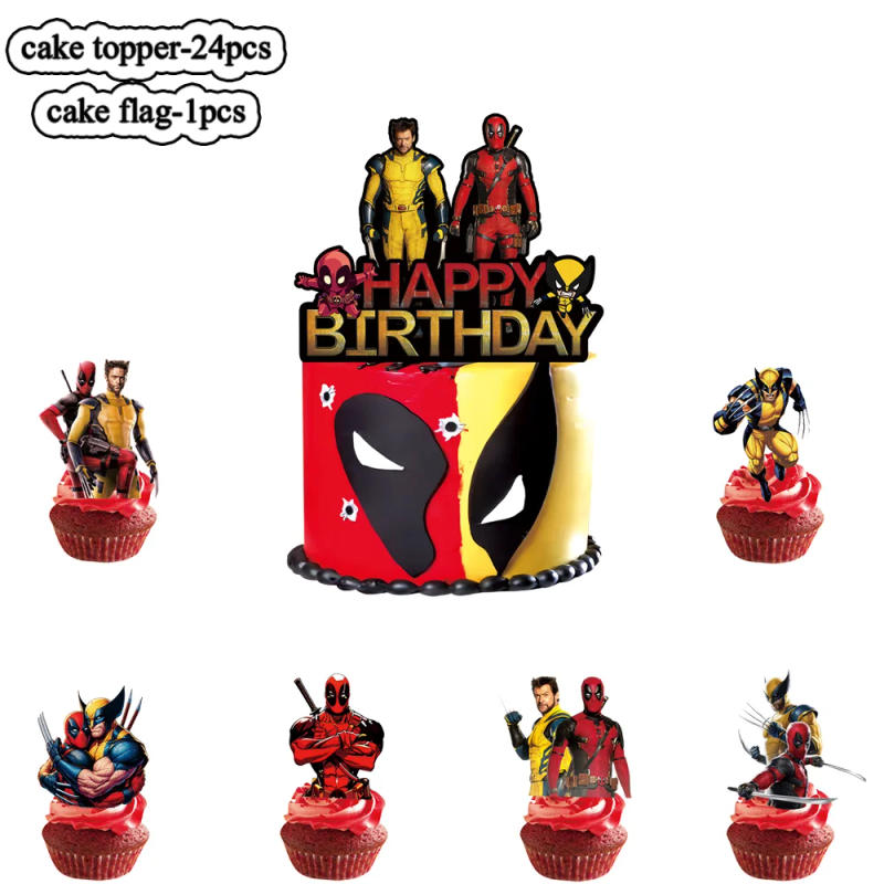 Description Picture 3 of itemIconic Brand Deadpool And Wolverine Birthday Party Decorations Hero Cake Toppers for Kids Girls Boys Party Cake Decoration Supplies