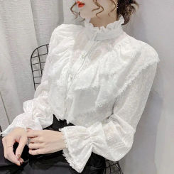 Long Sleeve Loose Spring Fashion Button White Shirt Elegant Stand Collar Pleated Tops Casual Ruffle Lace Blouse Blusas 15832