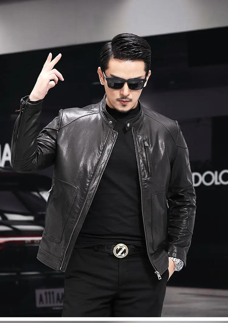 Description Picture 5 of item2022 Spring Autumm Men New Slim Fit Motorcycle Coats Male Genuine Sheepskin Jackets Men's Stand Collar Leather Outerwear N122