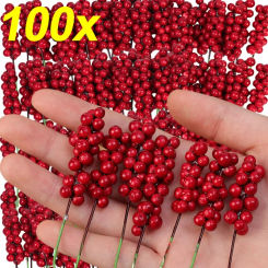 100/5pcs Red Berries Stems DIY Artificial Foam Holly Berry Stamen Fake Plants Fruit Bouquet Wreath Xmas Party Home Decoration
