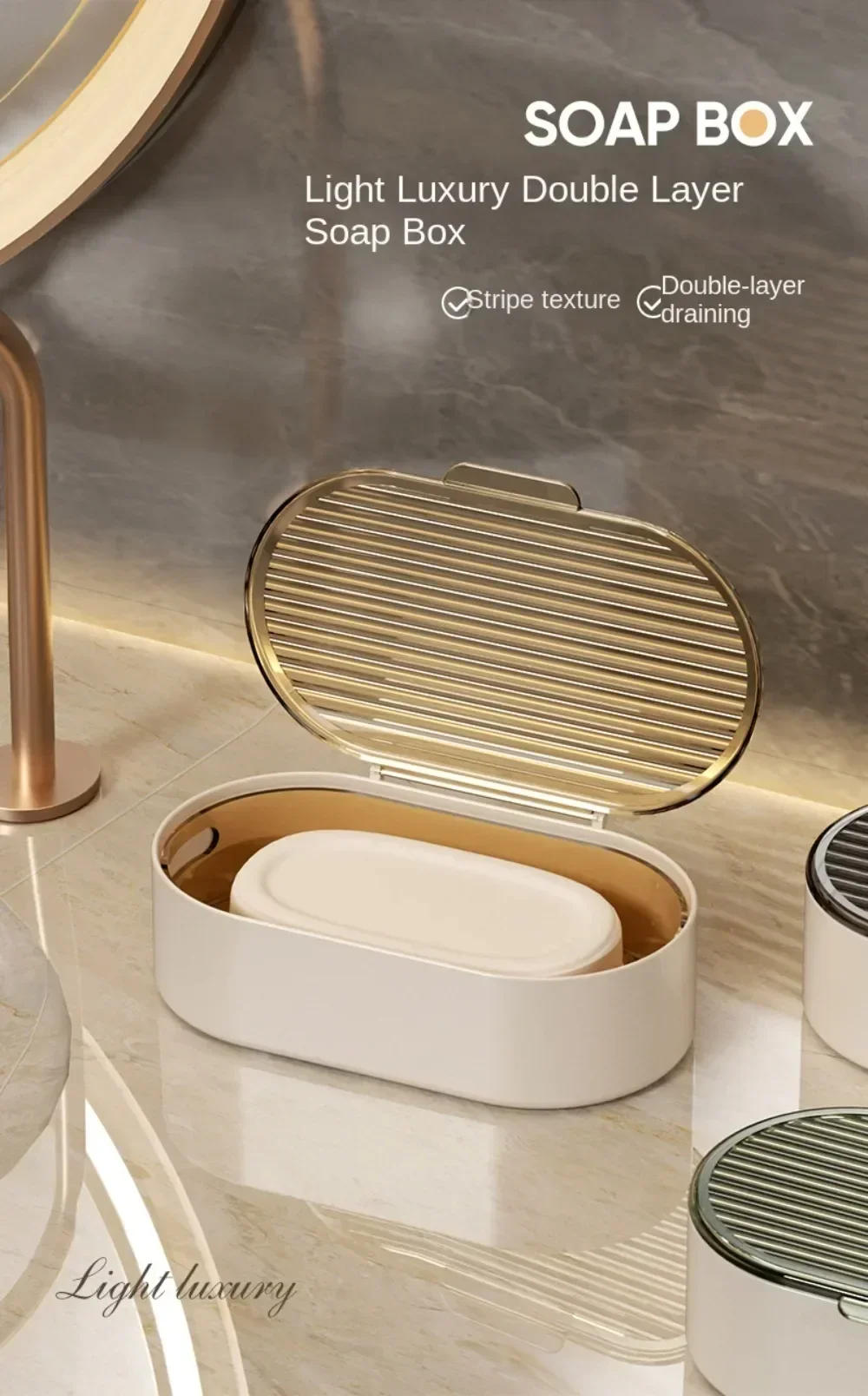 Description Picture 2 of item1 Pc Non-punching Double-layer Soap Box Household Bathroom Hollow Drain Soap Box with Cover Dust SoapBox Holder