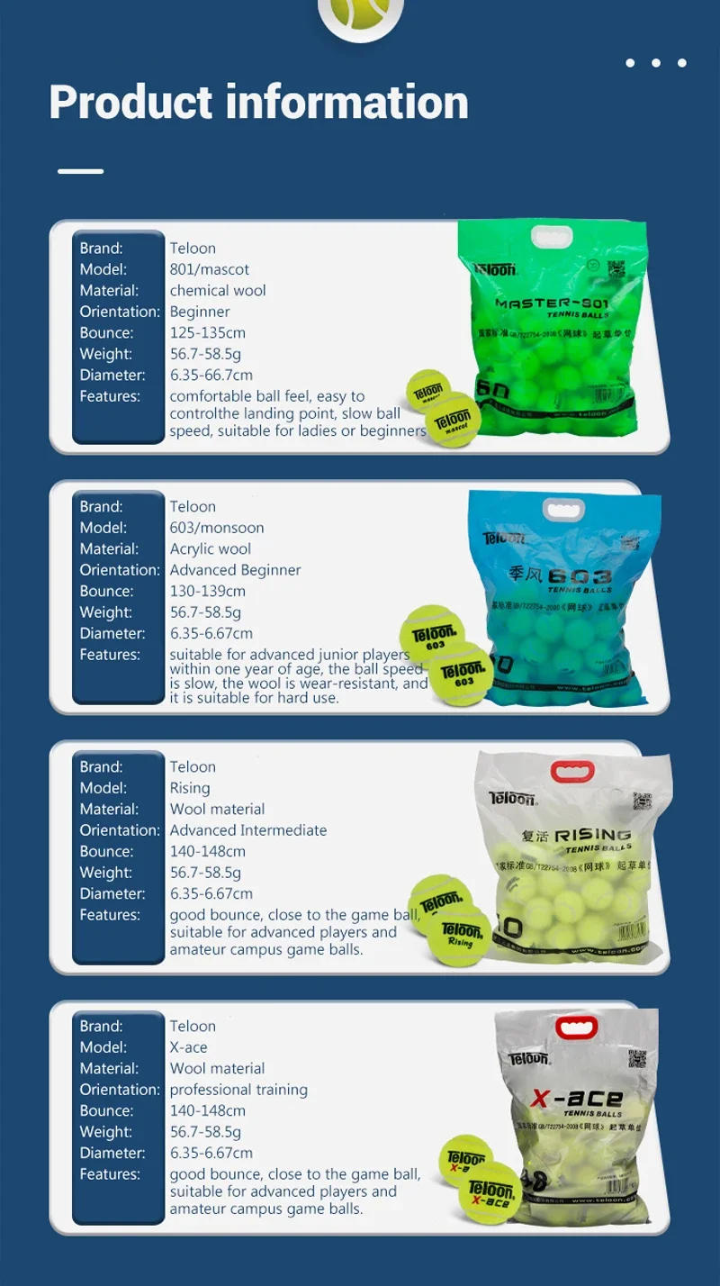 Description Picture 6 of item10Pcs Teloon Tennis Balls Rising Good Bounce for Advanced Player Amateur Competition Practice Training Wool Tennis Ball