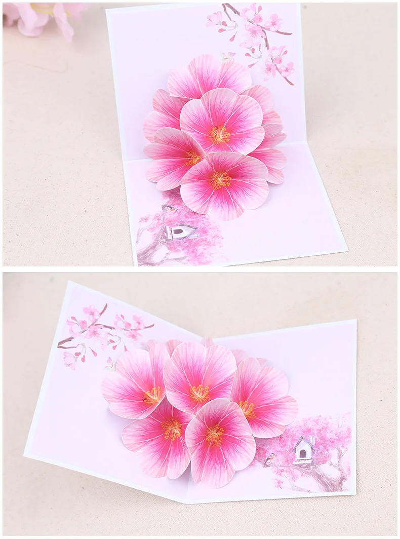 Description Picture 4 of itemPop up 3D greeting card peach blossom blooming card Valentine's Day color printing thank you blessings gifts wedding invitation