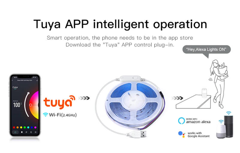 Description Picture 4 of itemTuya Smart RGB LED Strip Light USB 5V COB Flexible Ribbon Dimmable WiFi LED Tape APP Voice Control Work With Alexa Google Home