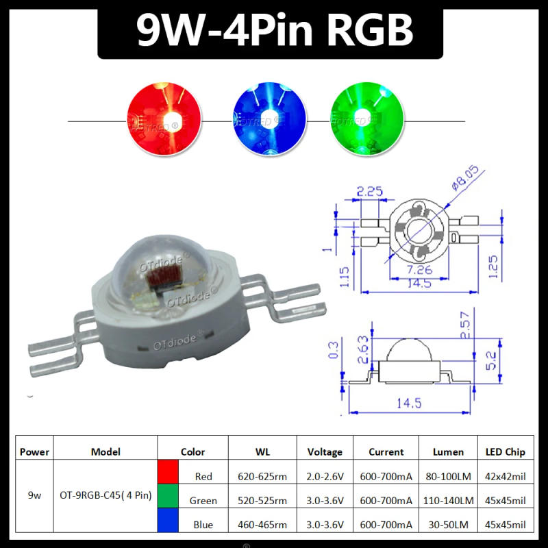 Description Picture 3 of item1-100pcs 3W 4W 5W 6W 15W 18W High Power LED RGB RGBW RGBWY RGBWYV 4pin 6pin 8pin 10pin 12pin Colorful Chip Stage lights Source