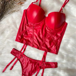 Sexy Glossy Gathering Bra Panties Set Leather Small Bone Shaped Body Shaper Waist Underwear Set Red Bralette