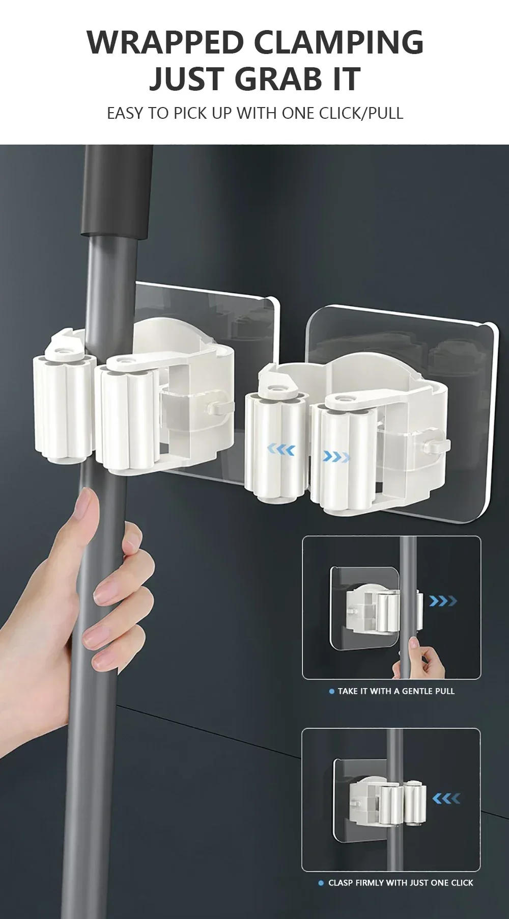 Description Picture 6 of itemMop Holder Self-adhesive Broom Stand Wall Mounted Mop Support Sweeping Brush Hook Storage Organizer Bathroom Kitchen Accessories