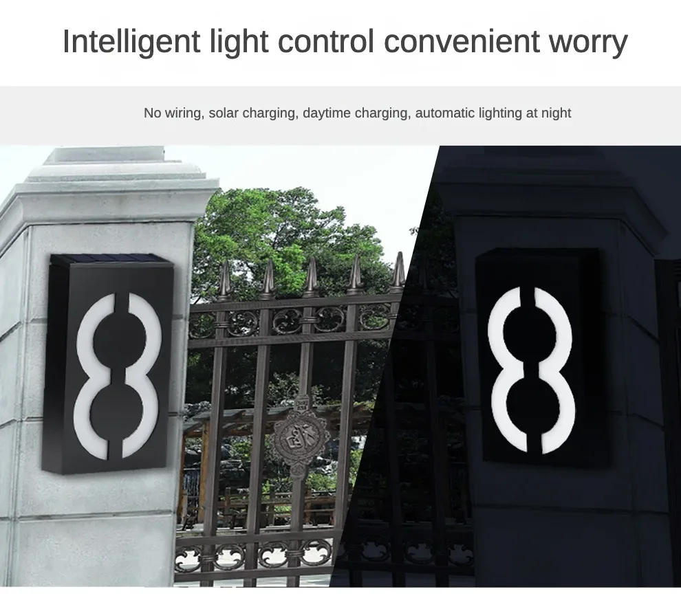 Description Picture 3 of item0 To 9 Outdoor Solar Wall Lamp Home Decoration Door Plates House Address Number Street Road Modern Nordic Alphabet Wall Sconce