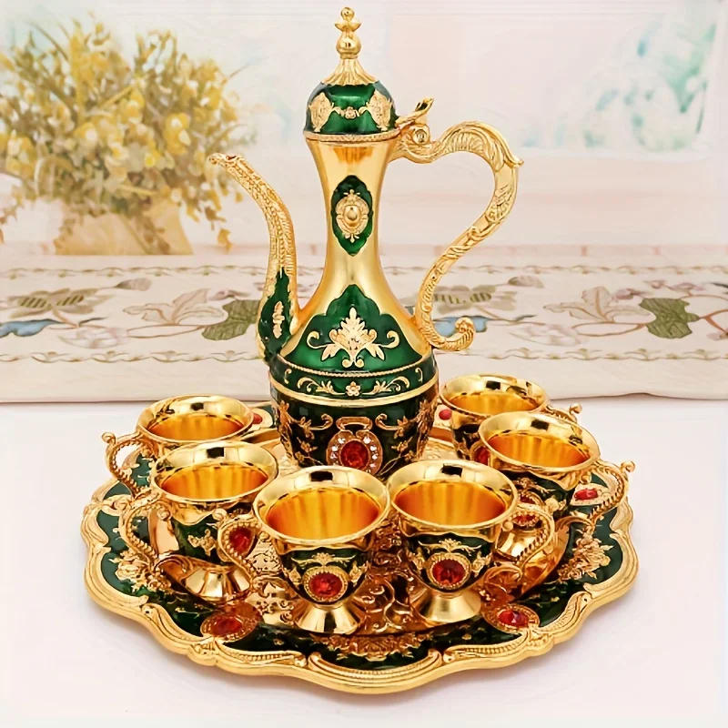 Description Picture 4 of item1Set Vintage Metal Turkish Coffee Pot Set European Style Tea Set 6 Luxury Coffee Cups Craft Tea Tray And Teapot For Serving Tea