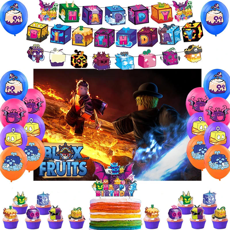 Description Picture 2 of itemBlox Fruits Birthday Party Decoration Balloon Banner Backdrop Cake Topper Blox Fruits Party Supplies Baby Shower