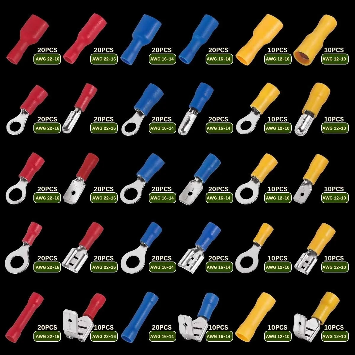 Description Picture 2 of item480/300/280PCS Insulated Cable Connector Electrical Wire Crimp Spade Butt Ring Fork Set Ring Lugs Rolled Terminals Assorted Kit