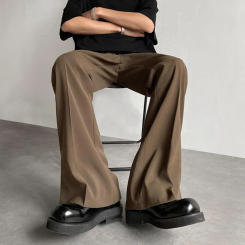 Men Suit Pants Straight Wide Leg Loose Mid Waist Pockets Deeep Crotch Button Zipper Closure Loose Formal Business Style Office W