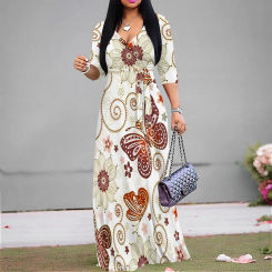 Pullover Sexy V Neck Short Sleeve Loose Long Dress for Women Fashion Printed Summer Beach Party Casual Maxi Dresses