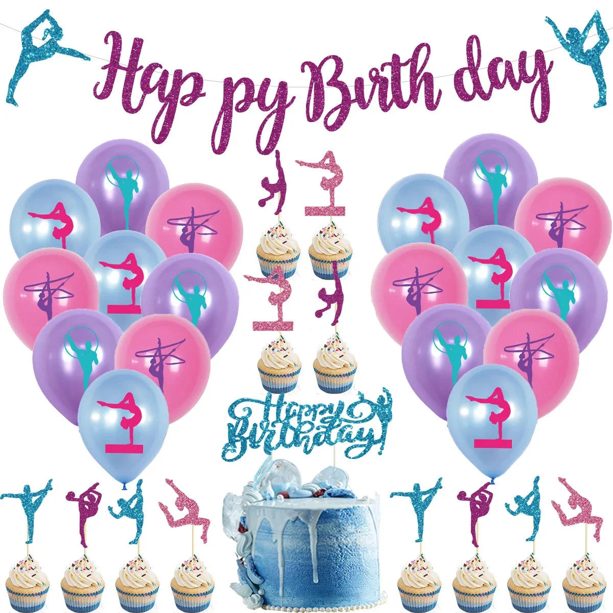 Description Picture 3 of itemSursurprise Gymnastics Theme Birthday Party Decoration Balloons Happy Birthday Banner Cake Topper Gymnast Girl Party Supplies
