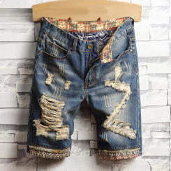 Summer Men's Hole Ripped Denim Shorts Casual Straight Fit Retro Biker Short Pants Male Brand Streetwear Clothing