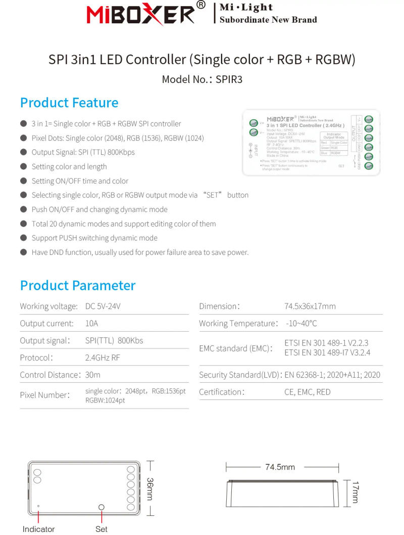 Description Picture 3 of itemMiboxer SPIR3 2.4GHz 5V~24V 3in1 SPI Single color/RGB/RGBWIC TTL Signal Dim Controller for WS2811 WS2812 WS2815 LED Pixel strip