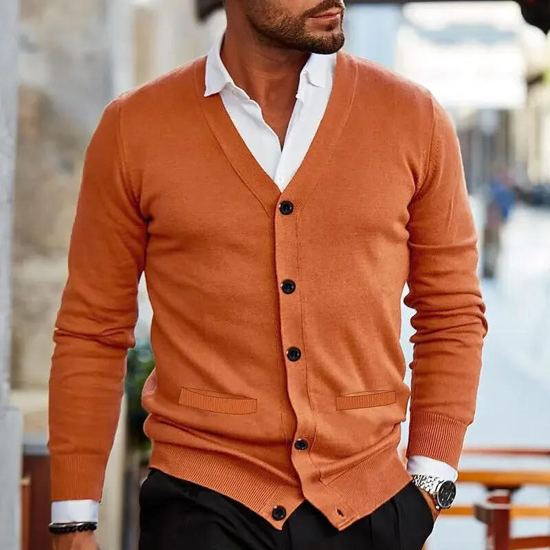 Description Picture 3 of itemMens Solid Color Knitted Cardigan Coat Spring Autumn V-neck Long Sleeve Slim Button Up Sweater Jumper with Pockets Men's Tops