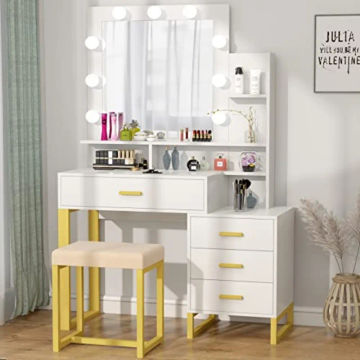 Vanity Set with Lighted Mirror, Makeup Vanity Dressing Table with LED Light, Drawers, Storage Shelves and Cushioned Stool