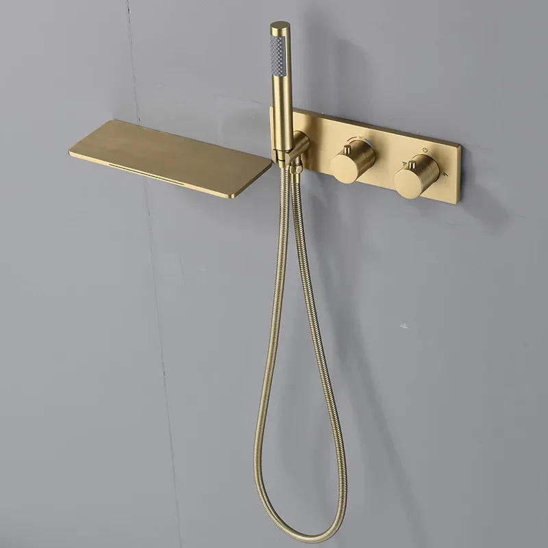 Description Picture 6 of itemBrushed Gold Thermostat Bathtub Shower Faucet Set Brass Hot & Cold Mixer Tap With Handheld In-Wall Waterfall Type Gun Gray/Black