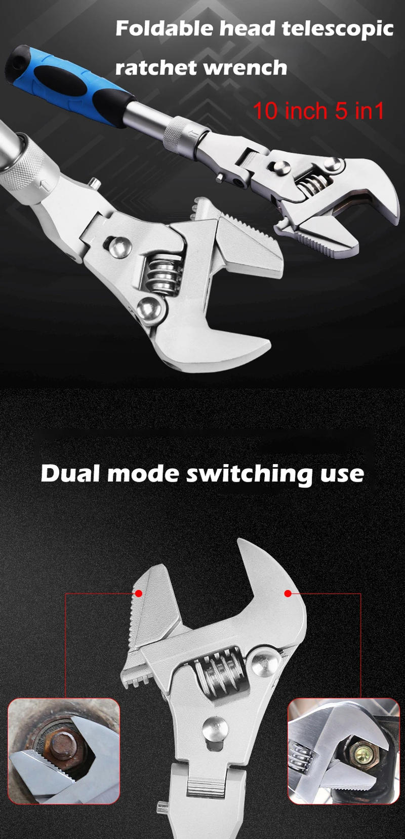 Description Picture 2 of item5 in 1 Retractable Movable Adjustable Ratchet Wrench 180° Foldable Head Torque Wrench Dual-purpose Pipe Wrench Hand Tools