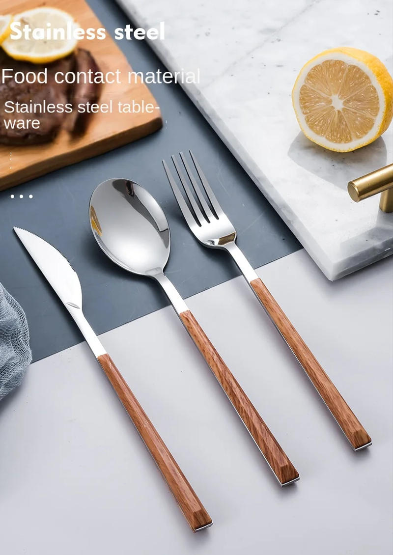 Description Picture 2 of item30pcs Stainless Steel Imitation Wooden Handle Cutlery Set Dinnerware Clamp Western Tableware Knife Fork Tea Spoon
