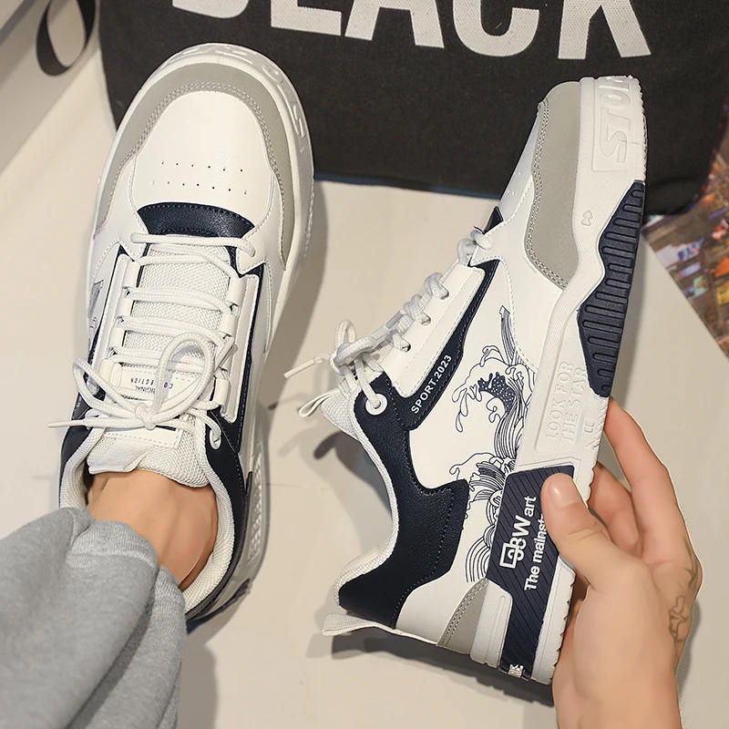 Description Picture 3 of itemVulcanized Shoes for Men Flat Comfortable Soft Casual Sneakers Outdoor Sports Fashion Lace-up Leather Skate Shoes Men