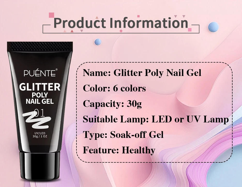 Description Picture 3 of itemPUENTE 30ML Glitter Poly Nail Gel Hema Free Pink Glitter Acrylic Gel Finger Extension Nail Gel Semi-Permanent UV Nail Varnish