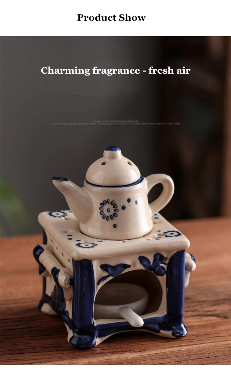 Description Picture 6 of itemHome Aromatherapy Pot Ceramic Candle Holder Boiling Tea Stove Hotel Front Desk Blue Porcelain Essential Oil Lamp Beauty Salon